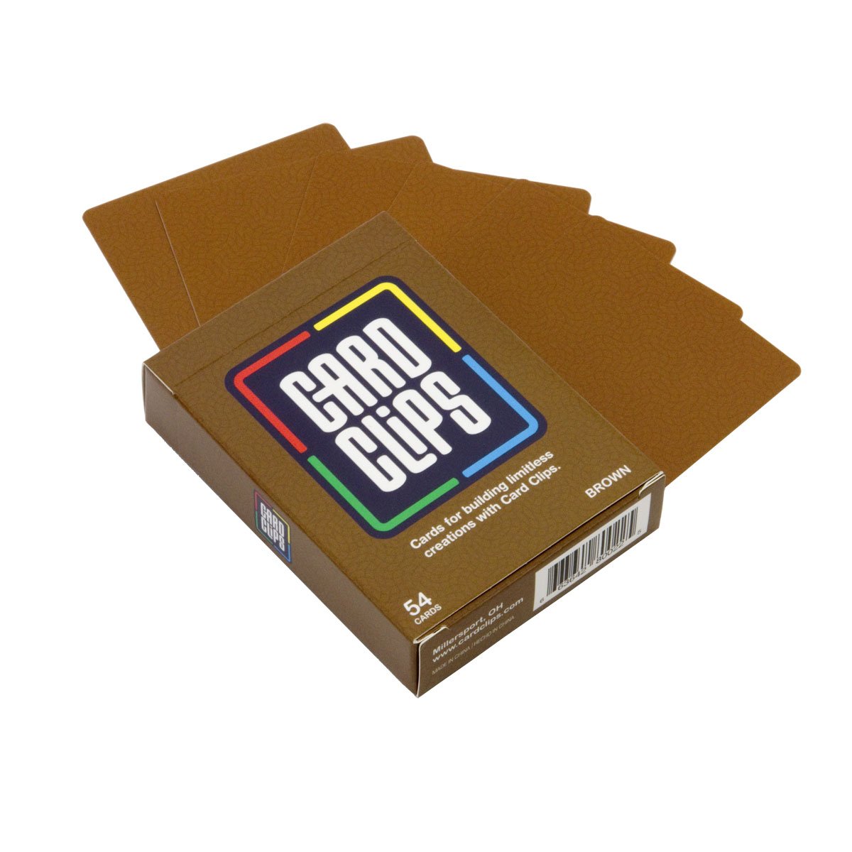 Atwood Toys Earth Building Cards in Brown, 54-card deck shown fanned beside the matching brown Card Clips packaging for card construction building sets.