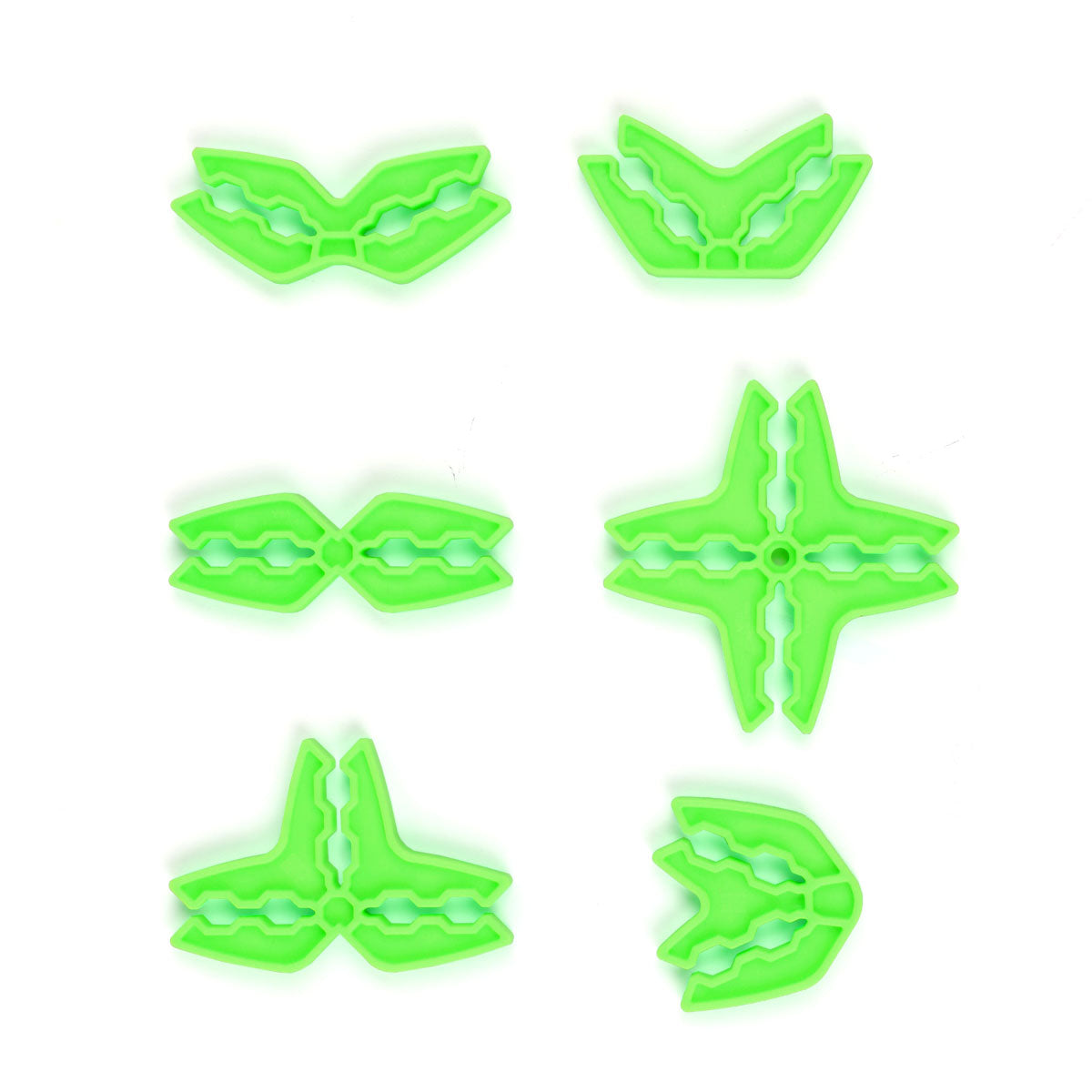 Atwood Toys Box Lox Neon Green cardboard clips shown in six configurations including X-shape, V-shape, and angled connector arrangements
