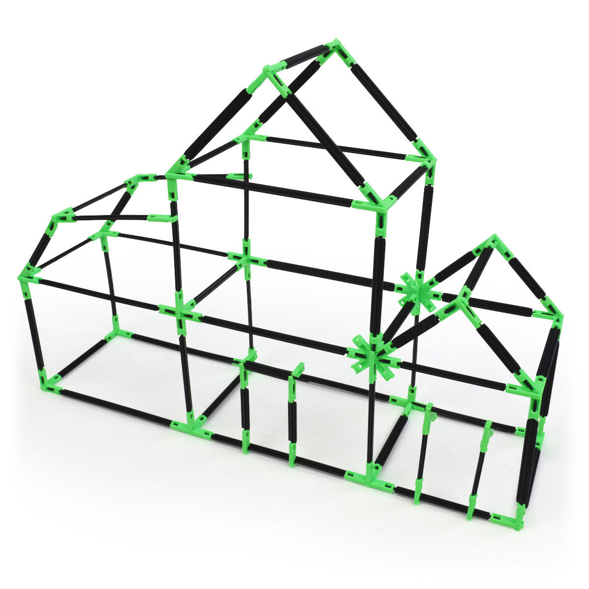 A two-story house with an attached single-story wing built with Inventix, featuring pitched roofs on both sections, rectangular window-like openings, and a stable base frame of black rods and green connectors.
