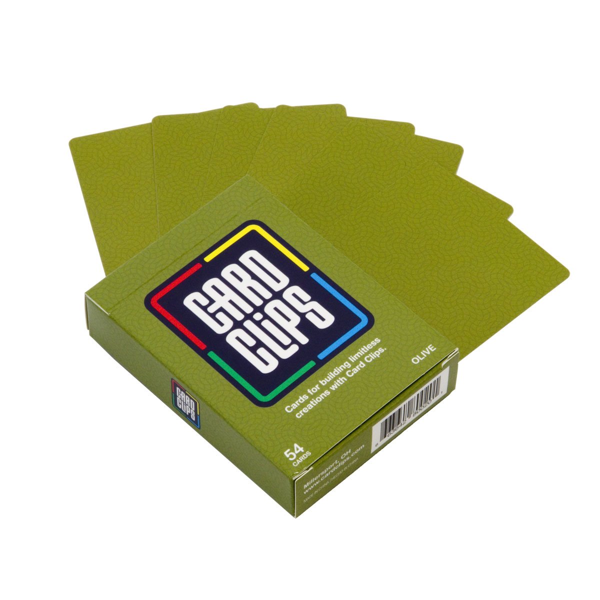 Atwood Toys Earth Building Cards in Olive Green, 54-card deck displayed fanned out next to the matching Card Clips packaging for card construction sets.