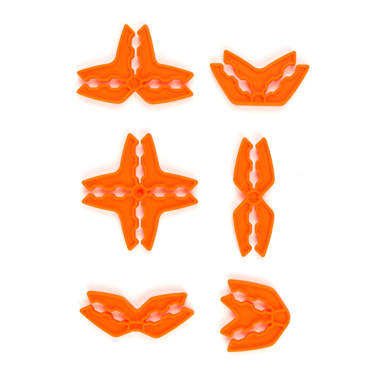 Box Lox Orange all 6 clip types shown individually including straight, right angle, three-way, four-way, 135-degree, and 45-degree cardboard connectors