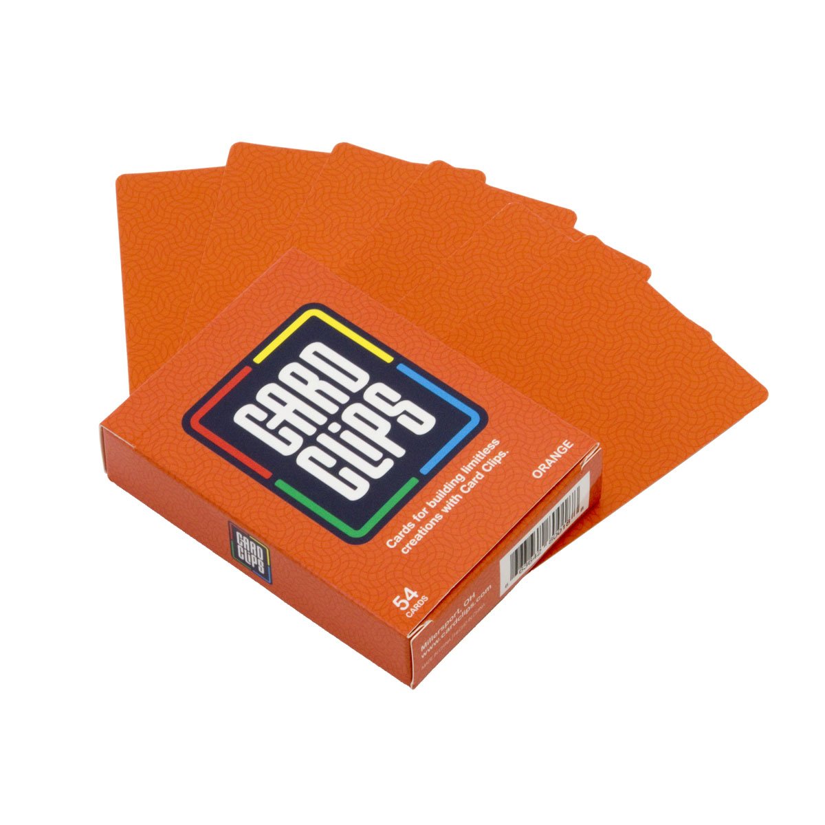 A fan of solid orange Building Cards spread from the orange Card Clips deck box, ready to connect into towers and 3D structures.