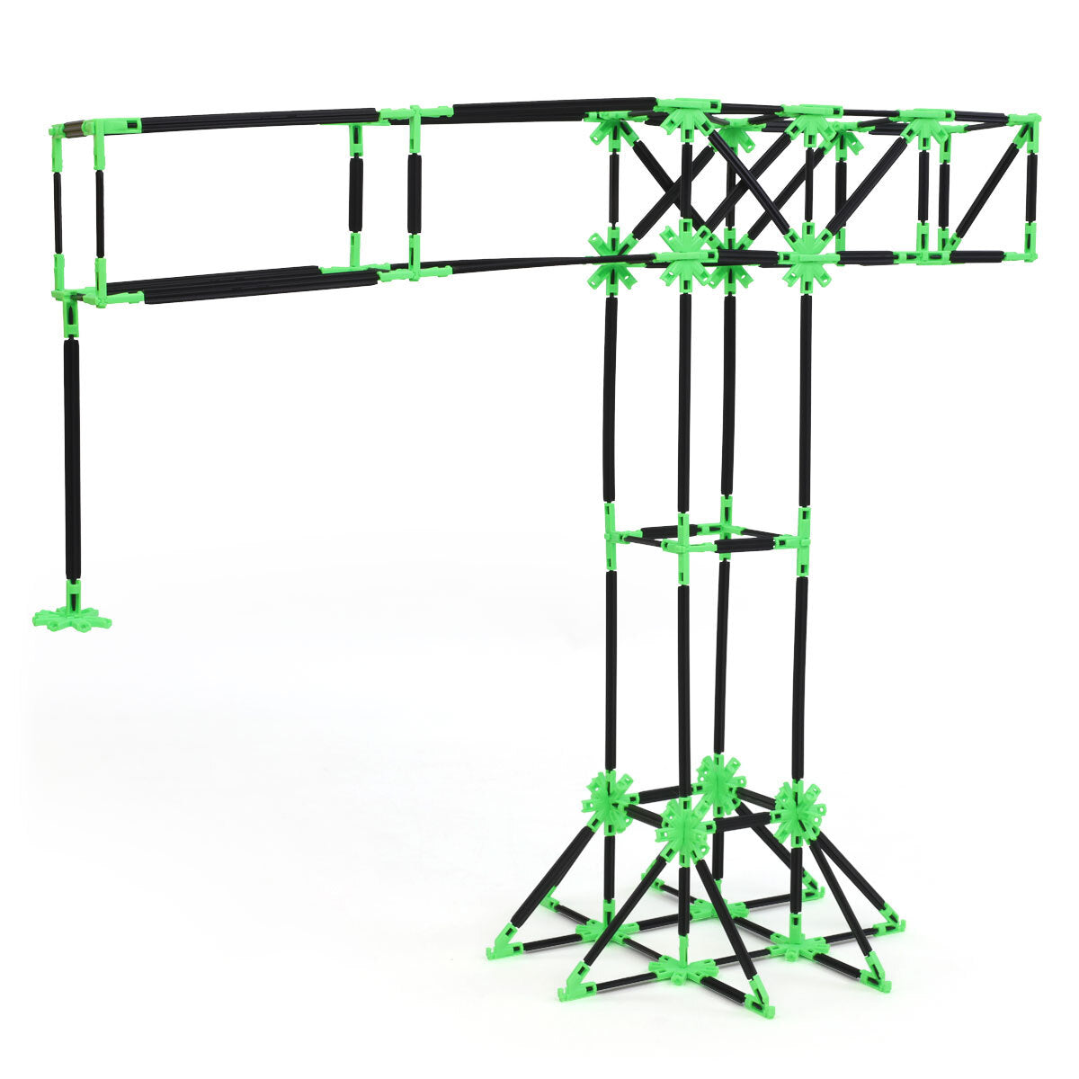A construction crane built with Inventix, featuring a tall vertical tower with a long horizontal boom arm extending to one side, a counterweight section, and a wide triangulated base for stability.