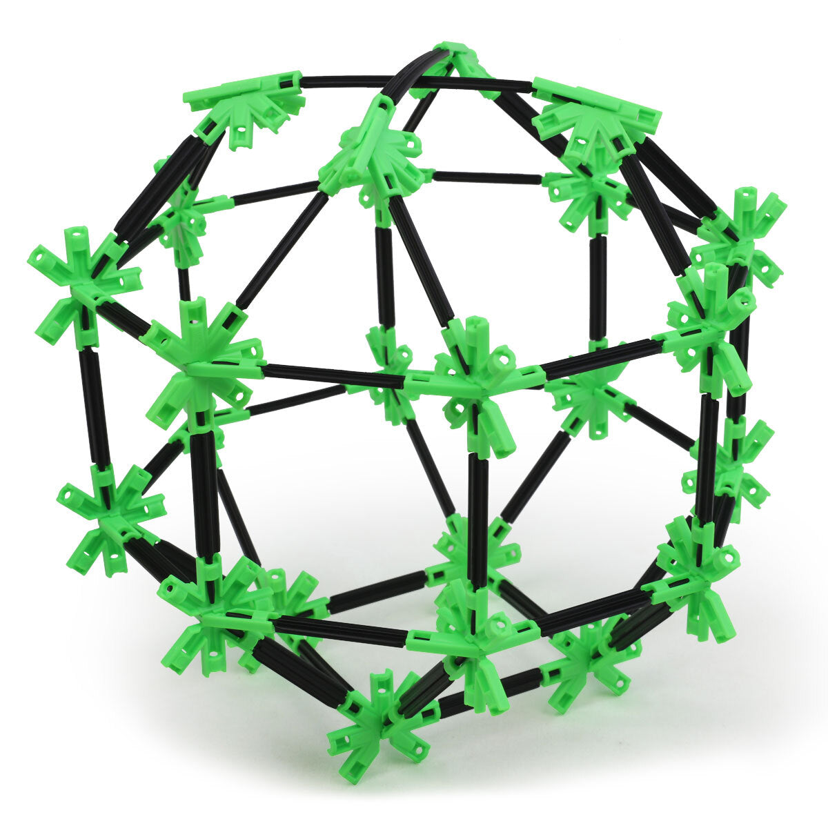 A geodesic sphere built with Inventix, showing a complete spherical structure made from triangulated panels of black rods connected by green multi-armed hub connectors, demonstrating advanced geometric construction.