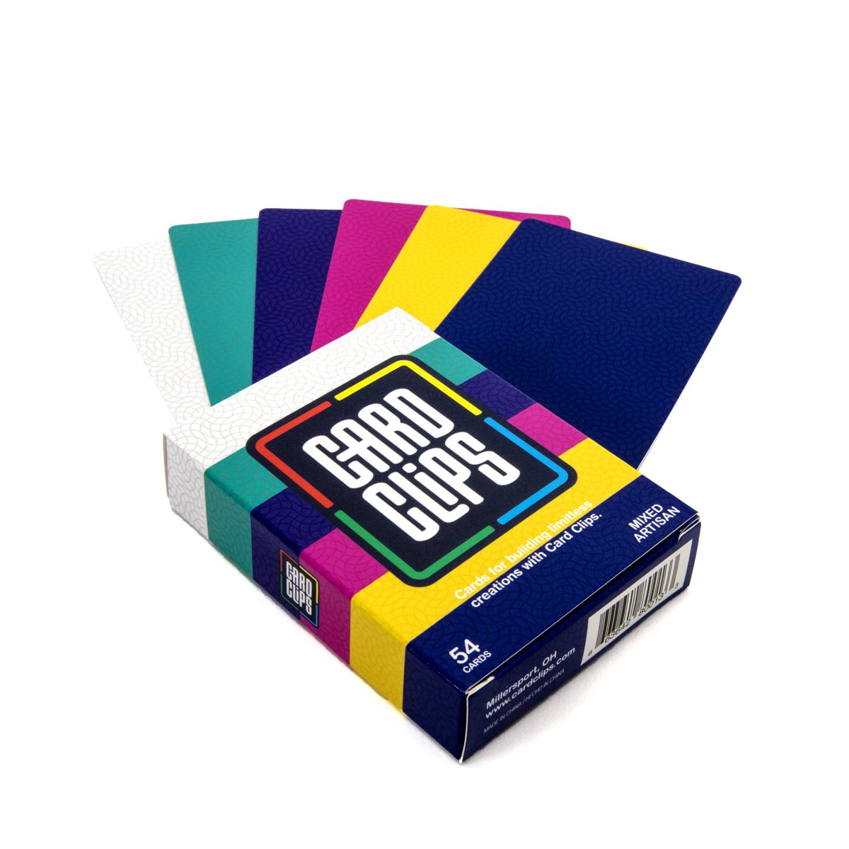Building Cards Artisan deck from Atwood Toys, a fan of printed building cards in white, teal, purple, magenta, yellow, and navy beside the Card Clips box for constructing card towers and 3D structures.