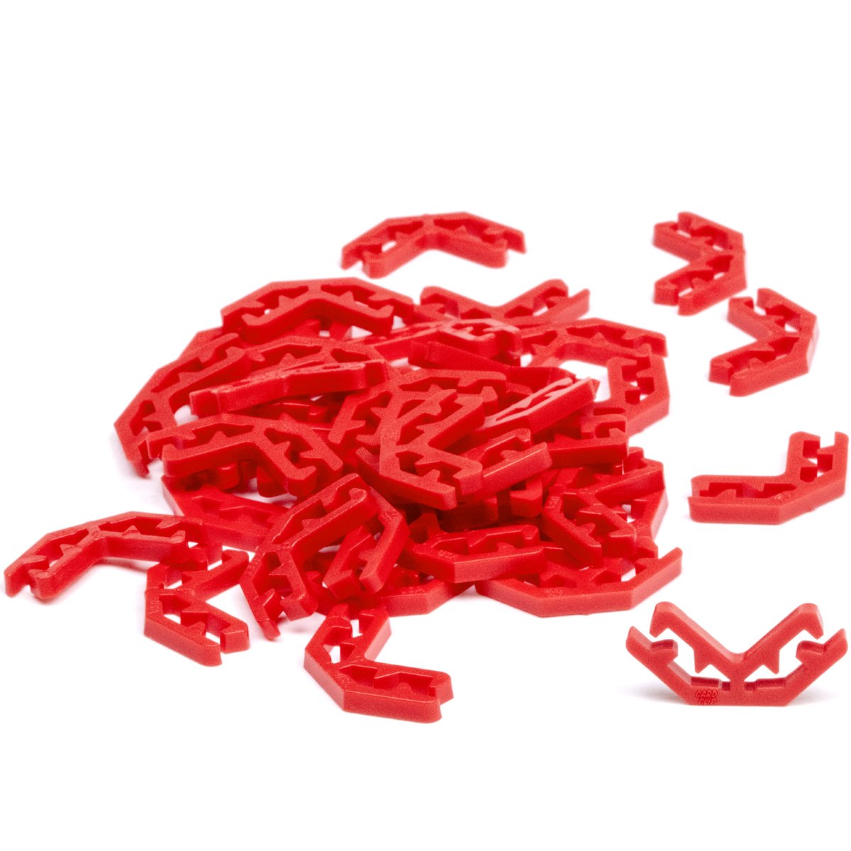 Card Clips 90 Degree connectors from Atwood Toys, a pile of red plastic angled clips that join trading and playing cards into towers, bridges, and 3D structures.