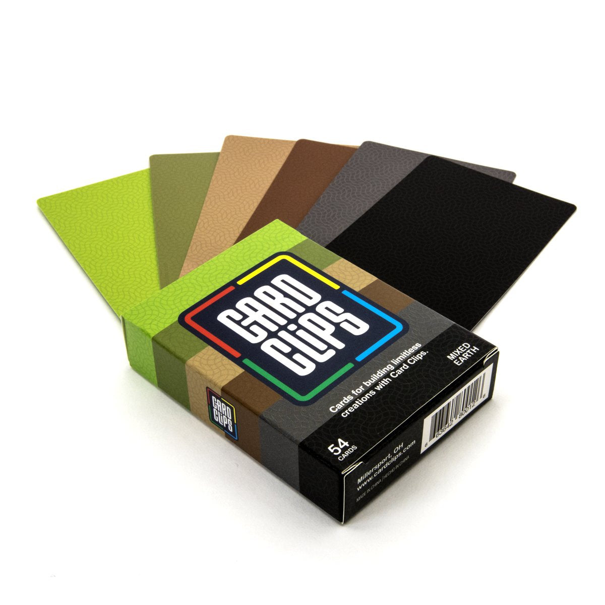 Atwood Toys Earth Building Cards 54-card mixed deck featuring bright green, olive, tan, brown, dark grey, and black cards fanned beside the Card Clips construction set packaging.