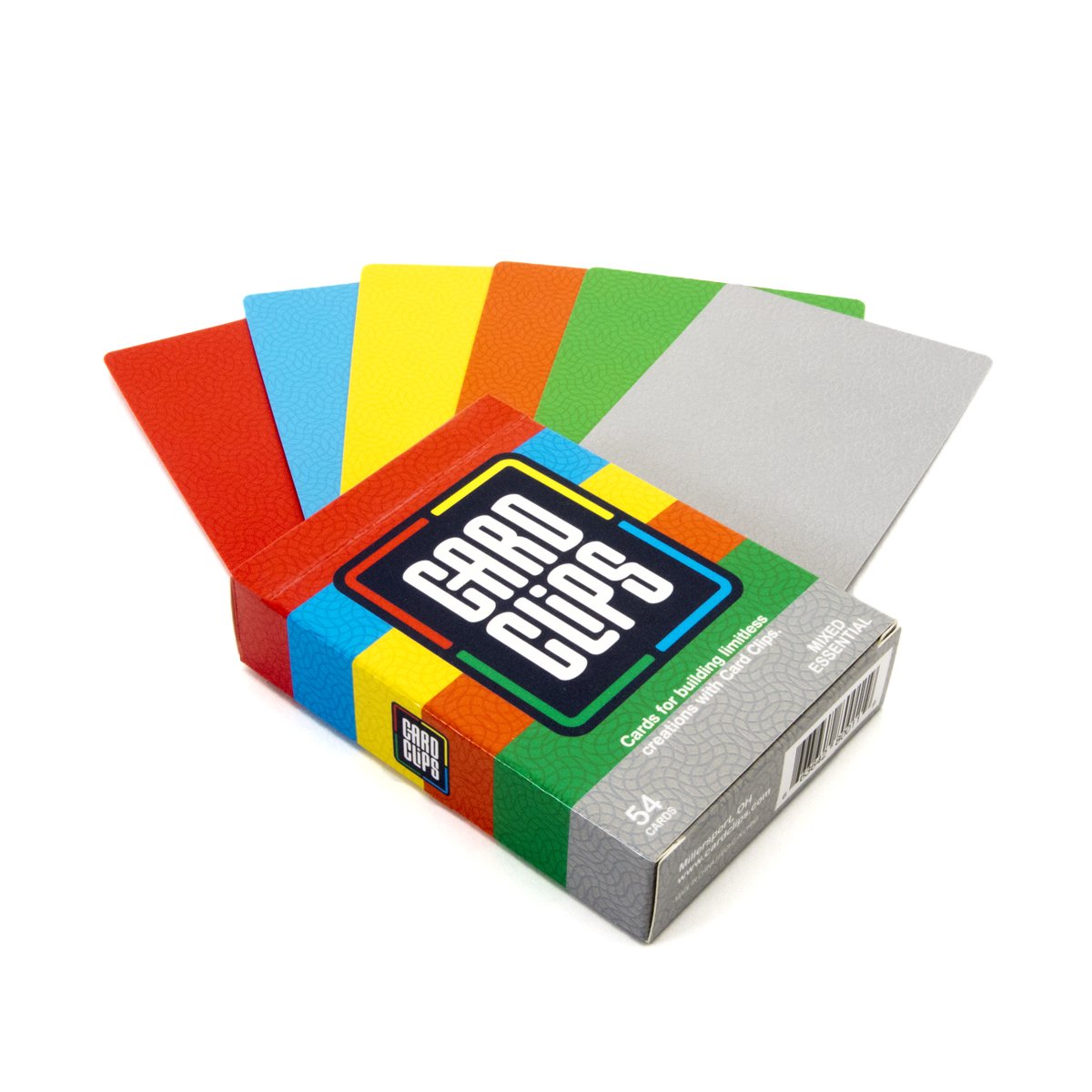 Building Cards Essentials deck from Atwood Toys, a fan of red, blue, yellow, orange, green, and grey building cards beside the Card Clips deck box for use with Card Clips connectors.