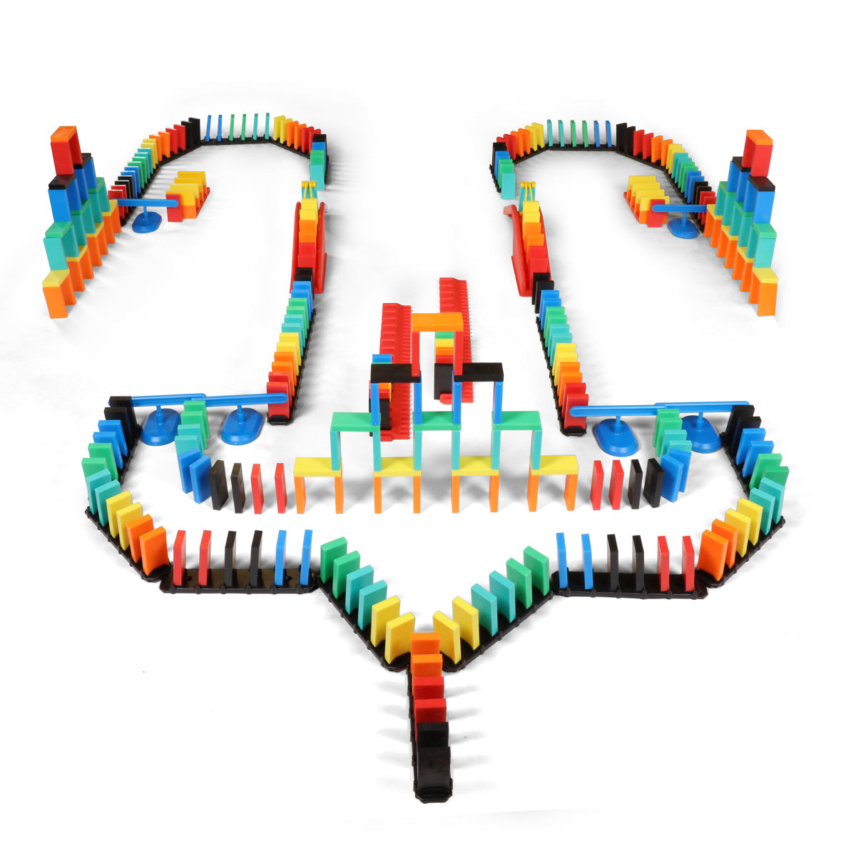 Atwood Toys Bulk Dominoes Rapid Track Kit wide shot of an elaborate symmetrical chain reaction setup with multi-color dominoes, Rapid Tracks, Domino Arcs, and spinners
