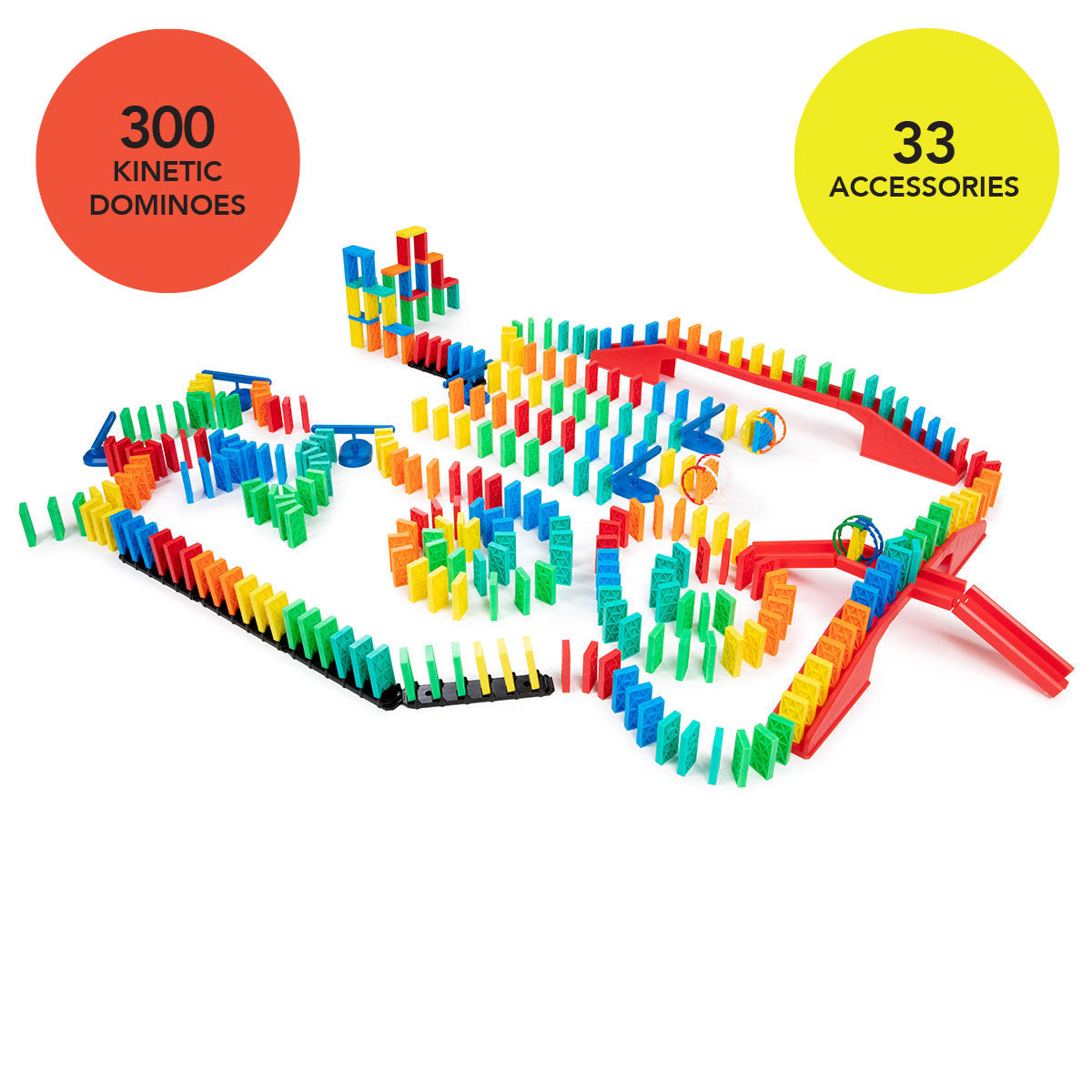 Atwood Toys Bulk Dominoes Kinetic Domino Toppling Kit infographic showing 300 Kinetic Dominoes and 33 accessories including bridges, spinners, and Domino Arcs for chain reactions