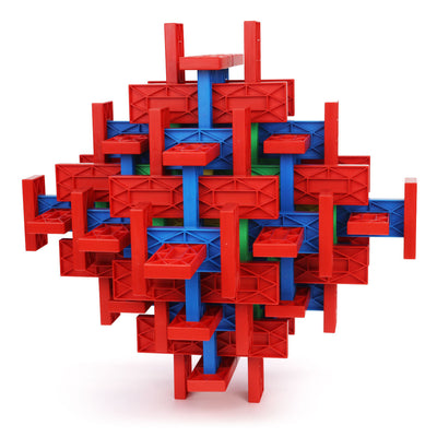 Abstract 3D diamond lattice sculpture built from red, blue, and green Blokix interlocking building blocks, an open-ended STEAM building toy from Atwood Toys