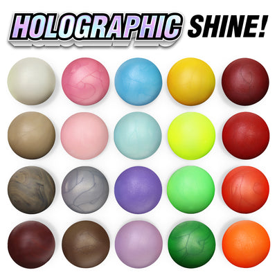 Impact Marble Racing Additional Marble Colors close-up of all 20 holographic shine marbles in a 4x5 grid showing pearl and metallic flake finishes in white, pink, blue, yellow, brown, teal, neon, red, purple, green, and orange