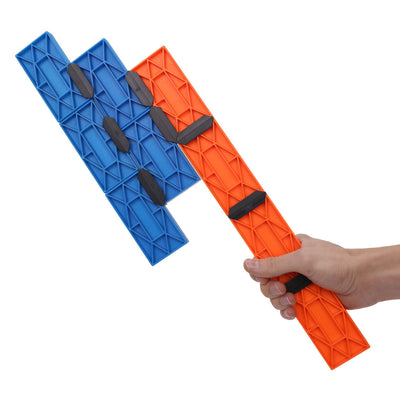 Toy hammer built from Blokix building blocks with a blue handle and orange head held in hand, an open-ended STEAM building toy from Atwood Toys