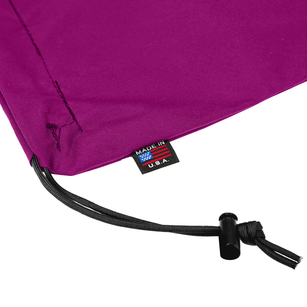 Bulk Dominoes Fuchsia canvas storage bag close-up showing drawstring cord lock and Made in USA tag