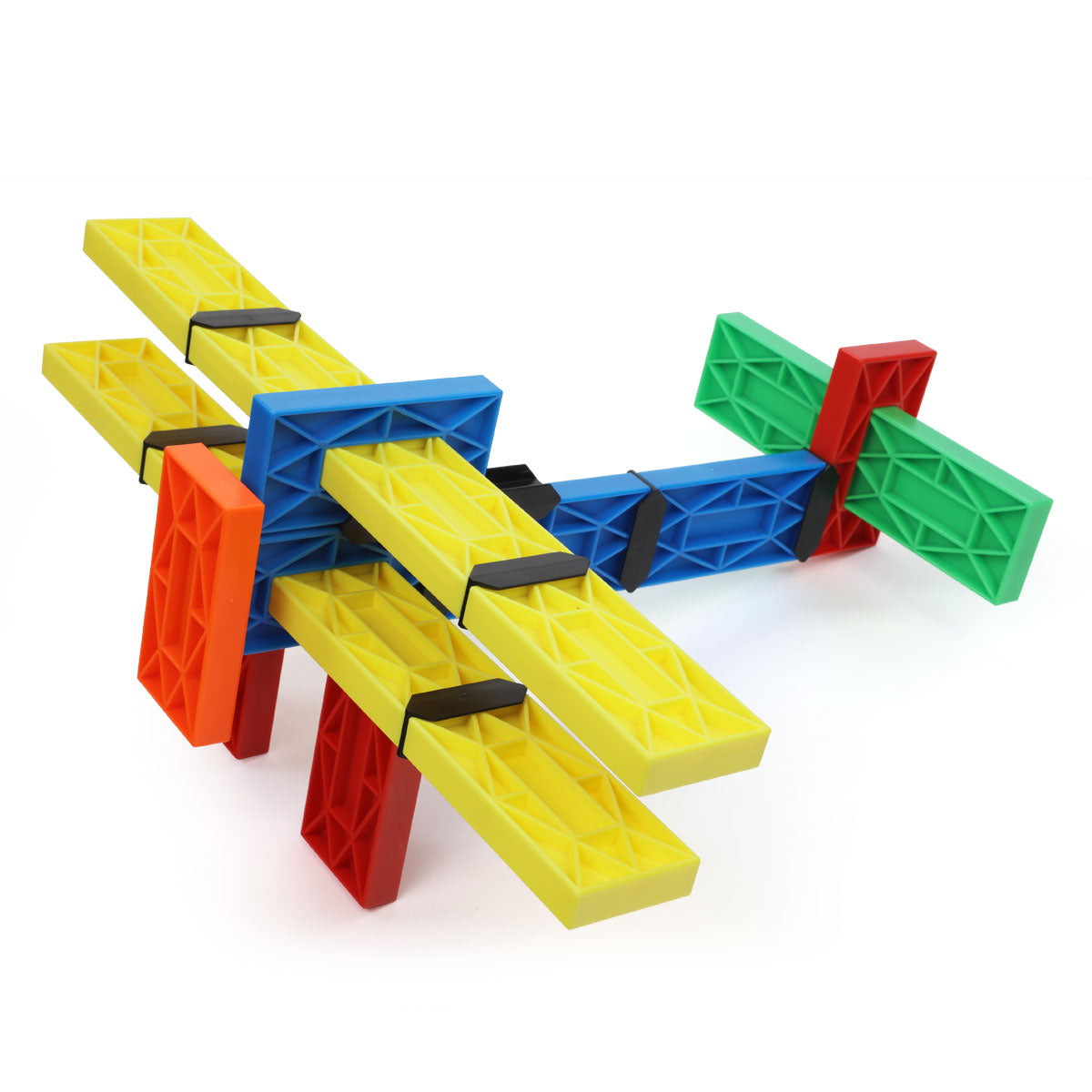 Biplane built from yellow, blue, green, red, and orange Blokix interlocking building blocks, an open-ended STEAM building toy from Atwood Toys