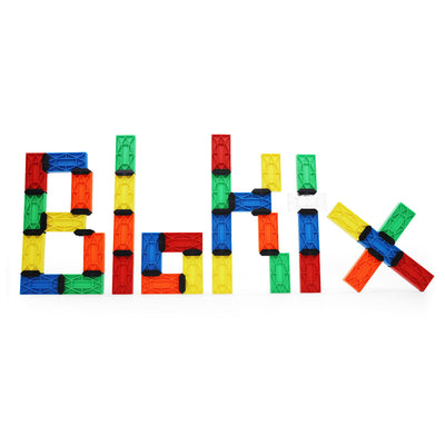 The word Blokix spelled out using colorful red, blue, yellow, green, and orange interlocking Blokix Creative Building Blocks from Atwood Toys