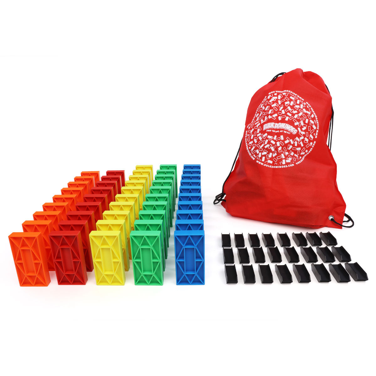 Rainbow rows of red, orange, yellow, green, and blue Blokix building blocks with black connector clips beside a red drawstring storage bag from Atwood Toys