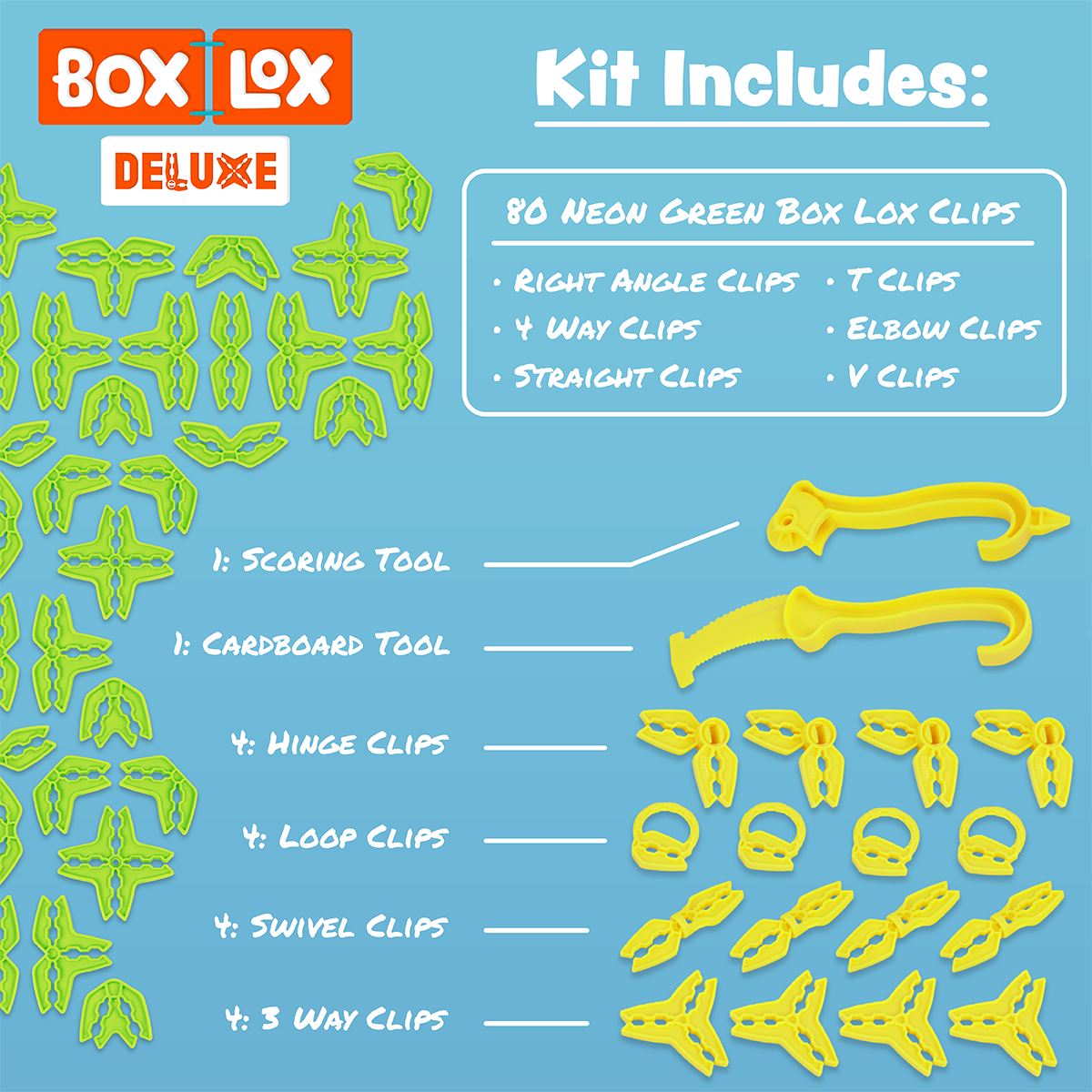 Kit Includes diagram for Box Lox Deluxe Neon Green showing the 80 connector clip types plus extra deluxe pieces including scoring tool, cardboard tool, hinge, loop, swivel, and three-way clips.