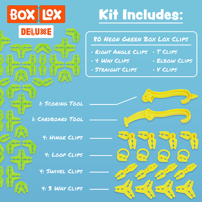 Kit Includes diagram for Box Lox Deluxe Neon Green showing the 80 connector clip types plus extra deluxe pieces including scoring tool, cardboard tool, hinge, loop, swivel, and three-way clips.