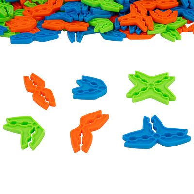 Six Box Lox Party Pack clip configurations including straight, V-shape, three-way and X-shape multi-color cardboard connectors shown below a clip pile.