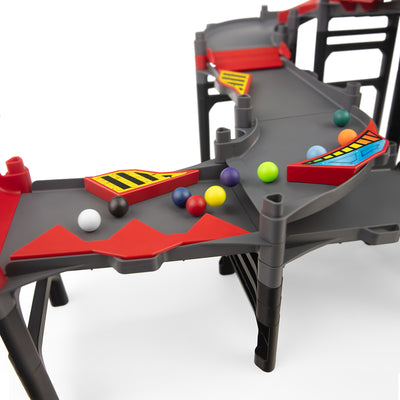 IMR Circuit Redline curved wedge drop-off section with marbles racing through hazard dividers and track inserts