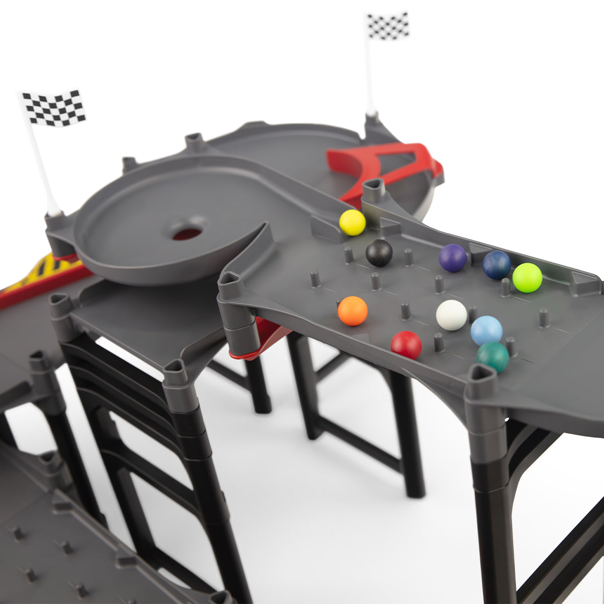 IMR Circuit Redline impact zone close-up with colorful marbles on peg section track piece