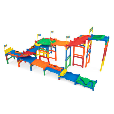 IMR Circuit Overdrive marble racing track fully assembled with colorful multi-lane straights, turns, and flags