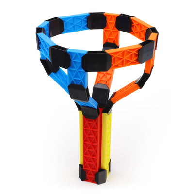 Tall goblet-shaped build from the Atwood Toys Constructix Creative Explorer set with a blue and orange ring on top, supported by a red and yellow column with black clips