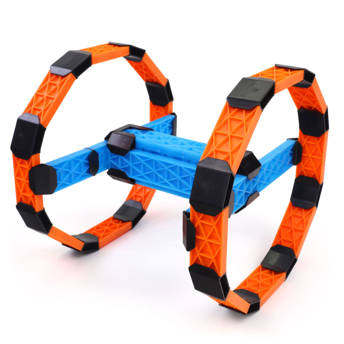 Wheeled vehicle frame built from the Atwood Toys Constructix Creative Explorer set with two orange circular wheels connected by a blue axle and black connector clips