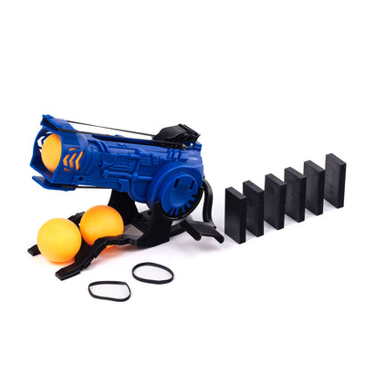 Atwood Toys Bulk Dominoes Ultra Super Galactic Kit BD5000 Launcher in blue with orange ping pong balls and black dominoes for advanced chain reactions and dynamic toppling builds