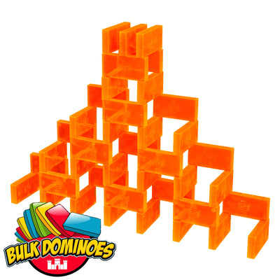 Pyramid castle structure built from translucent clear orange Bulk Dominoes Clear Orange Pro Dominoes from Atwood Toys standing in stacked rows.