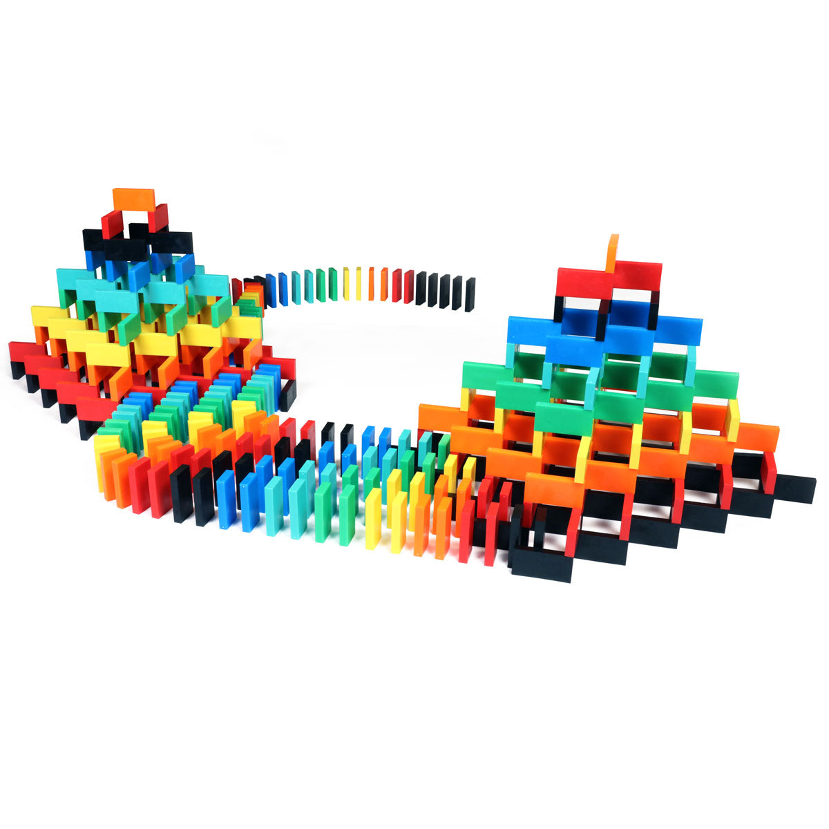 Bulk Dominoes Expert Kit pyramid structures built with rainbow Pro Dominoes connected by a multicolor domino chain reaction line from Atwood Toys.