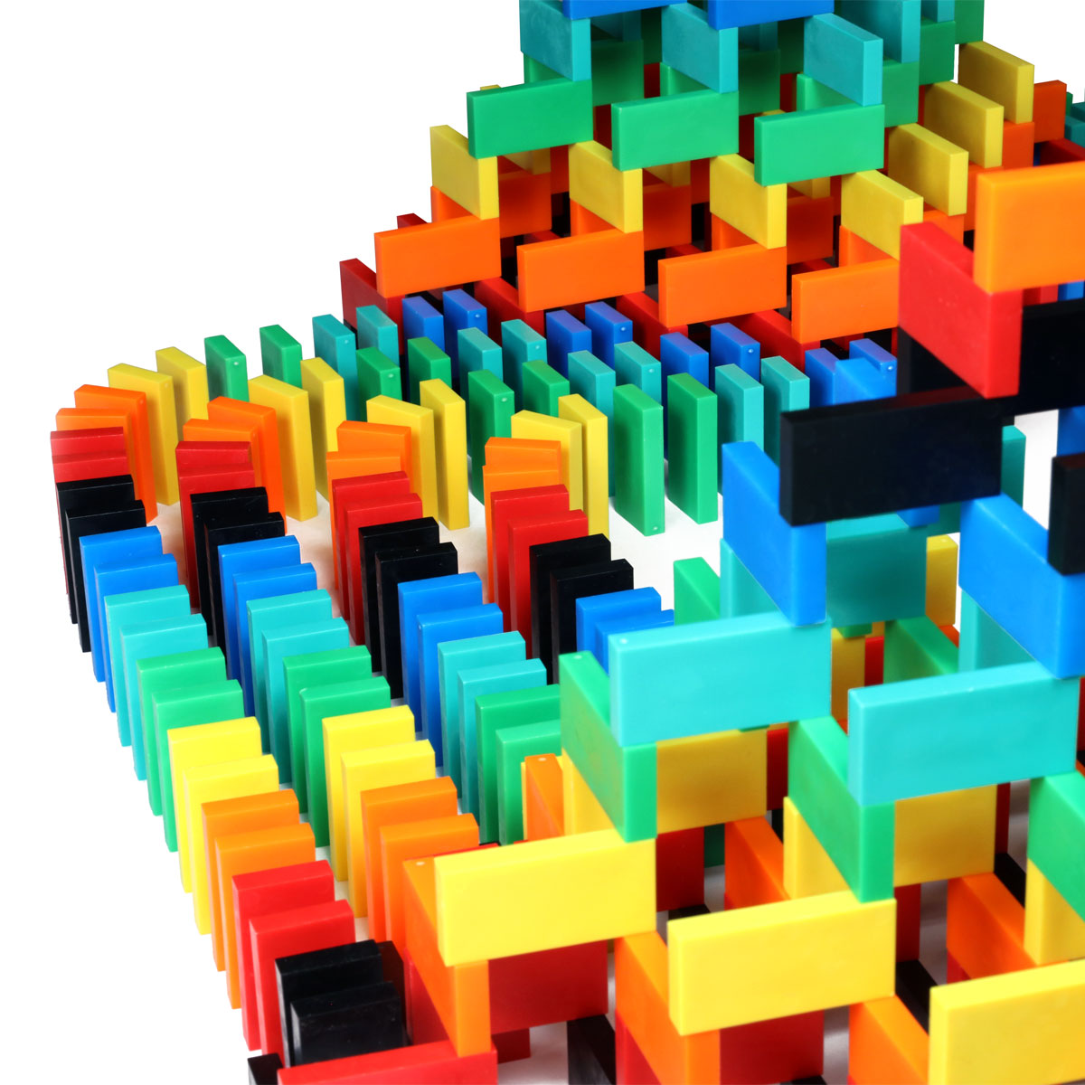 Close-up corner view of a 3D cube structure built from rainbow Bulk Dominoes Expert Kit Pro Dominoes showing intricate stacking and color patterns.