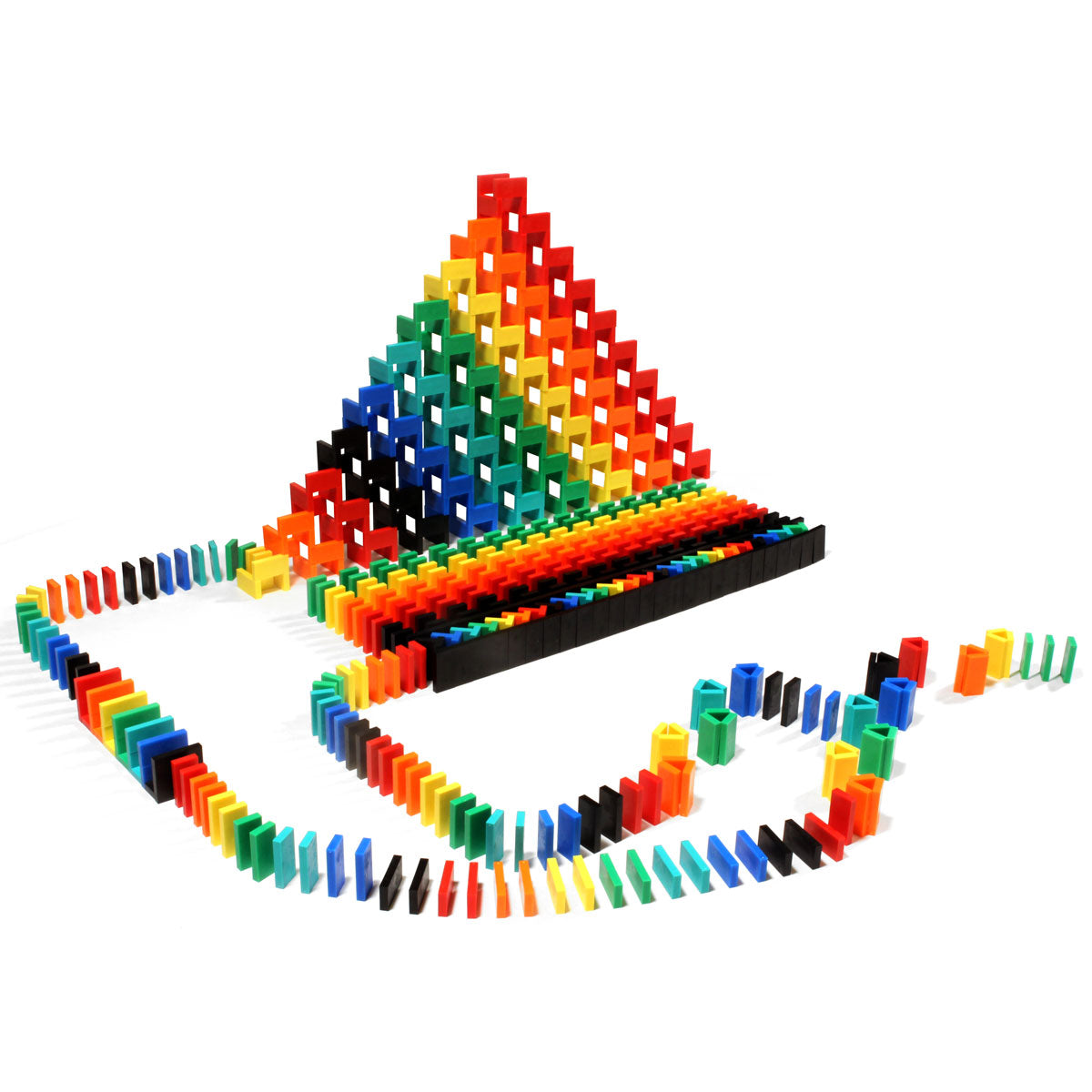 Bulk Dominoes Expert Kit rainbow pyramid build with rainbow Pro Dominoes stacked in a 3D triangle structure surrounded by curved domino chain reaction lines from Atwood Toys.