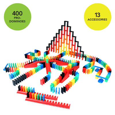 Bulk Dominoes Expert Kit contents from Atwood Toys featuring 400 Pro Dominoes and 13 accessories, including rainbow dominoes, red kinetic speed templates, and support posts.