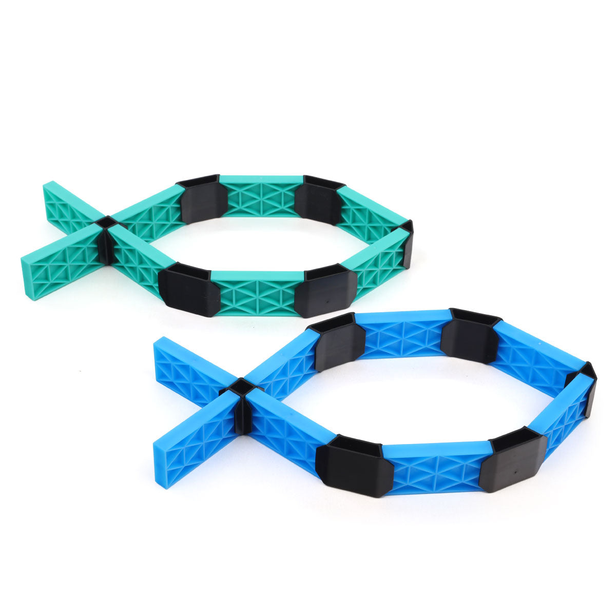 Two fish shapes built from the Atwood Toys Constructix Creative Explorer set, one in teal and one in blue, connected by black clips to demonstrate symbol-style builds
