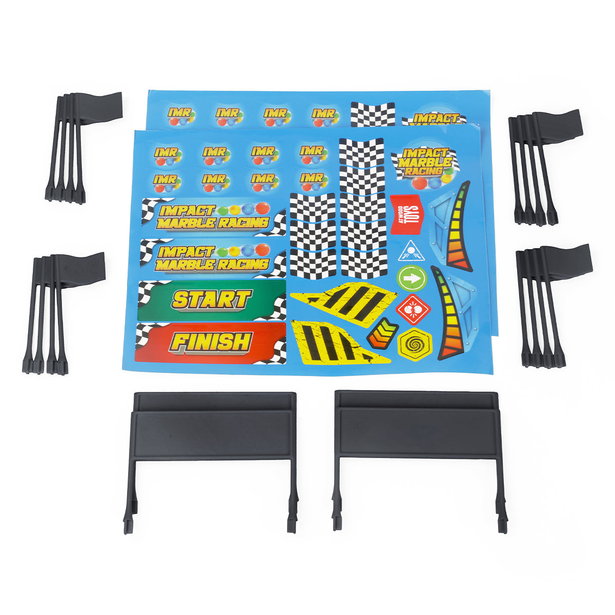 Black Impact Marble Racing flags and banners with the IMR sticker sheet including checkered flags, START/FINISH banners, and speed-bump decals.