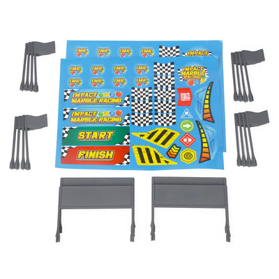 Grey Impact Marble Racing flags and banners with the IMR sticker sheet of checkered flags, START/FINISH banners, and track decals.