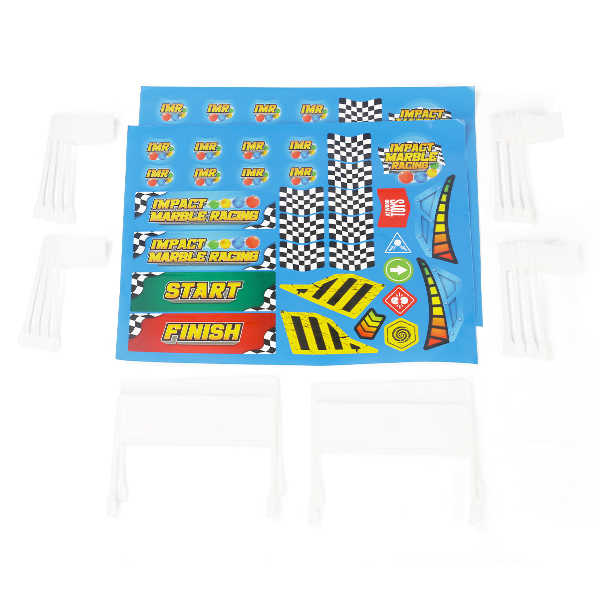 White Impact Marble Racing flags and banners from Atwood Toys with the IMR sticker sheet of checkered flags and START/FINISH decals.