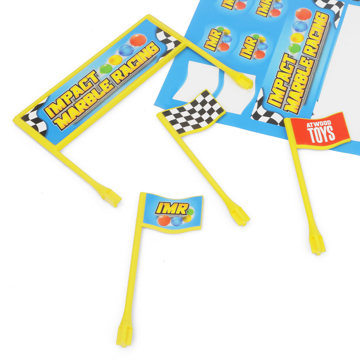 IMR Flags and Banners add-on pack yellow with assembled flags, banner poles, and sticker sheets