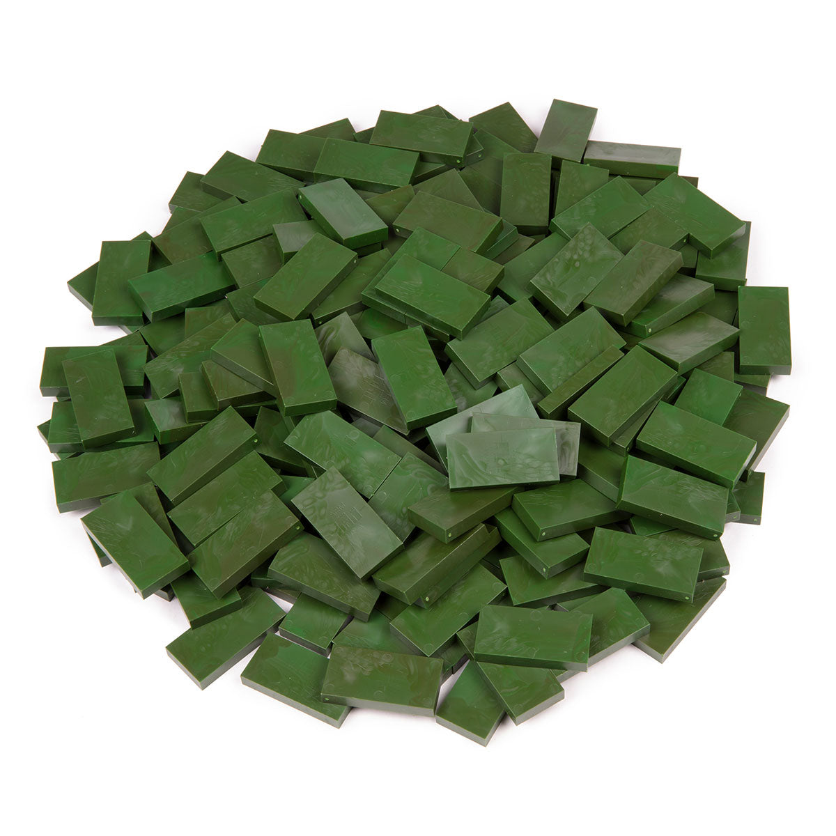 Bulk Dominoes Forest Green Pro Dominoes from Atwood Toys, a top-down pile of solid forest green full-weight toppling dominoes for chain reactions and domino art.