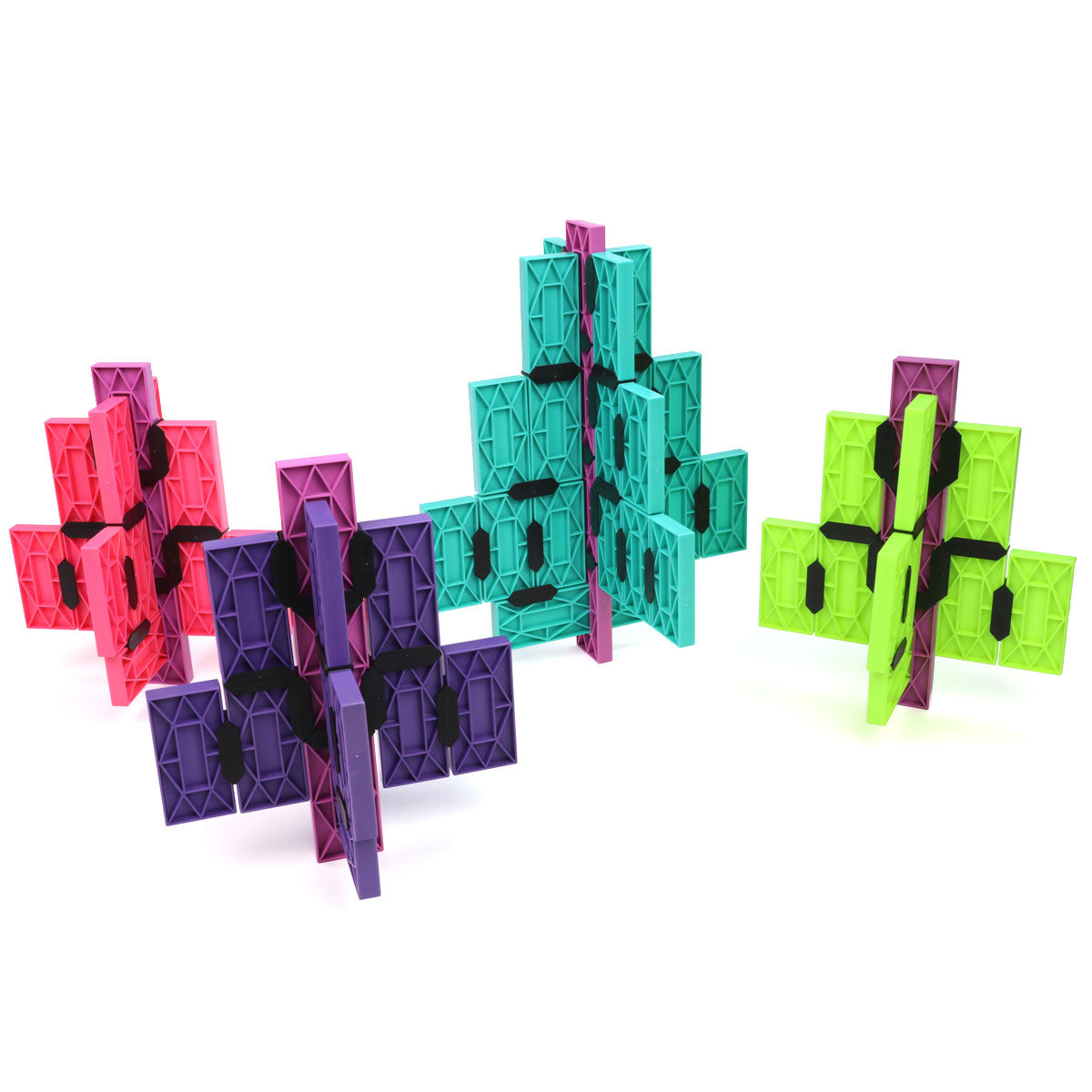 Abstract structures built from neon pink, purple, teal, and green Blokix interlocking building blocks, an open-ended STEAM building toy from Atwood Toys