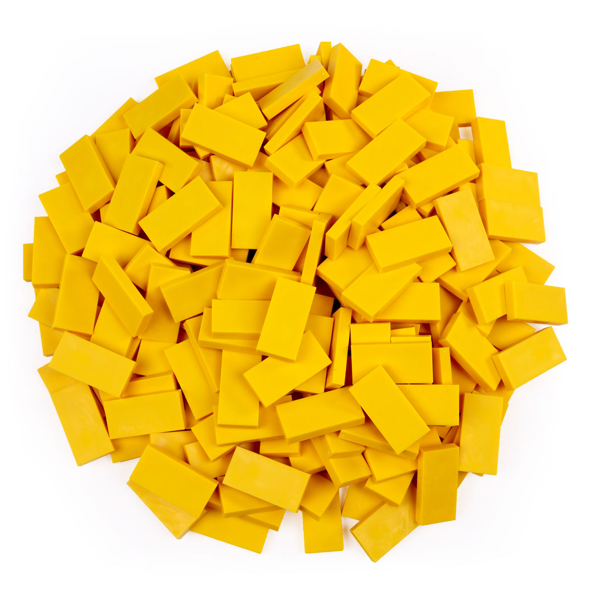 Bulk Dominoes Gold Pro Dominoes from Atwood Toys, a top-down pile of bright golden-yellow full-weight toppling dominoes for chain reactions and domino art.