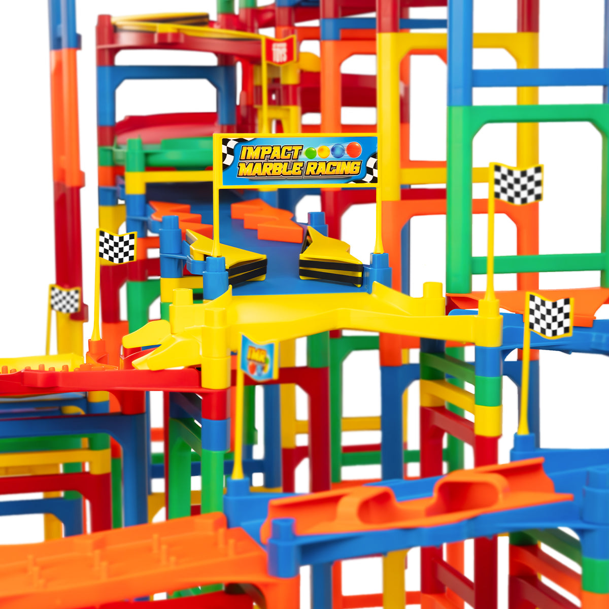 IMR Grand Prix Overdrive close-up of multi-level track with Impact Marble Racing banner, yellow splitter section, checkered flags, and colorful lanes