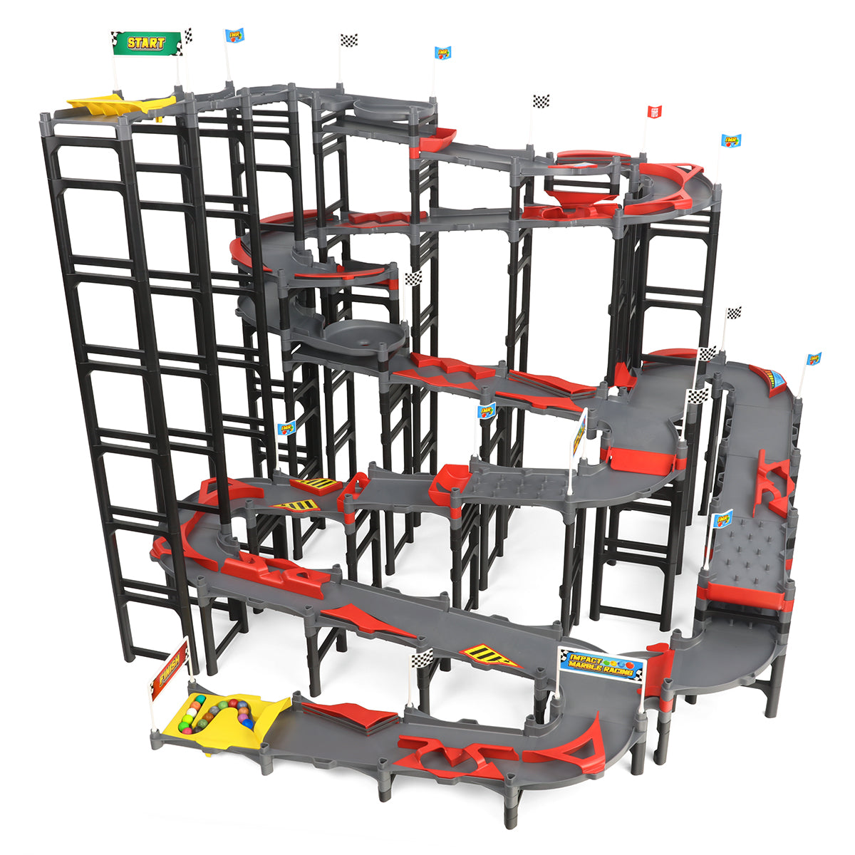IMR Grand Prix Redline fully assembled multi-level marble racing track with spiral turns, mergers, impact zones, and starting block