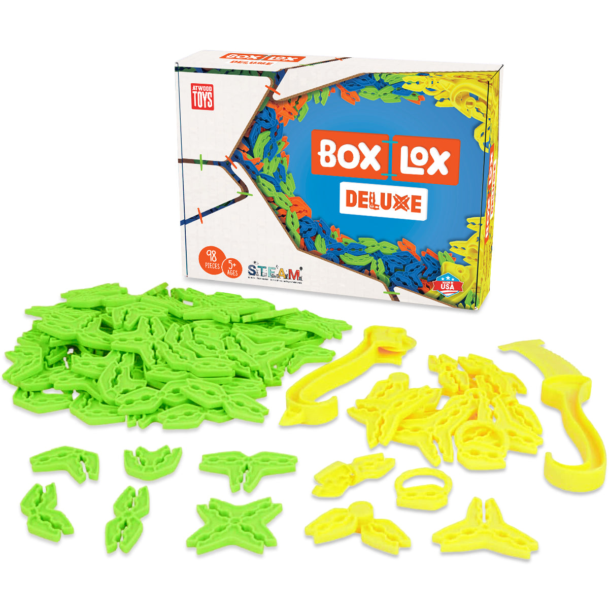 Box Lox Deluxe Neon Green cardboard building clips from Atwood Toys, retail box with 80 neon green connectors and extra gold deluxe pieces spread out, 98 pieces and STEAM badge.