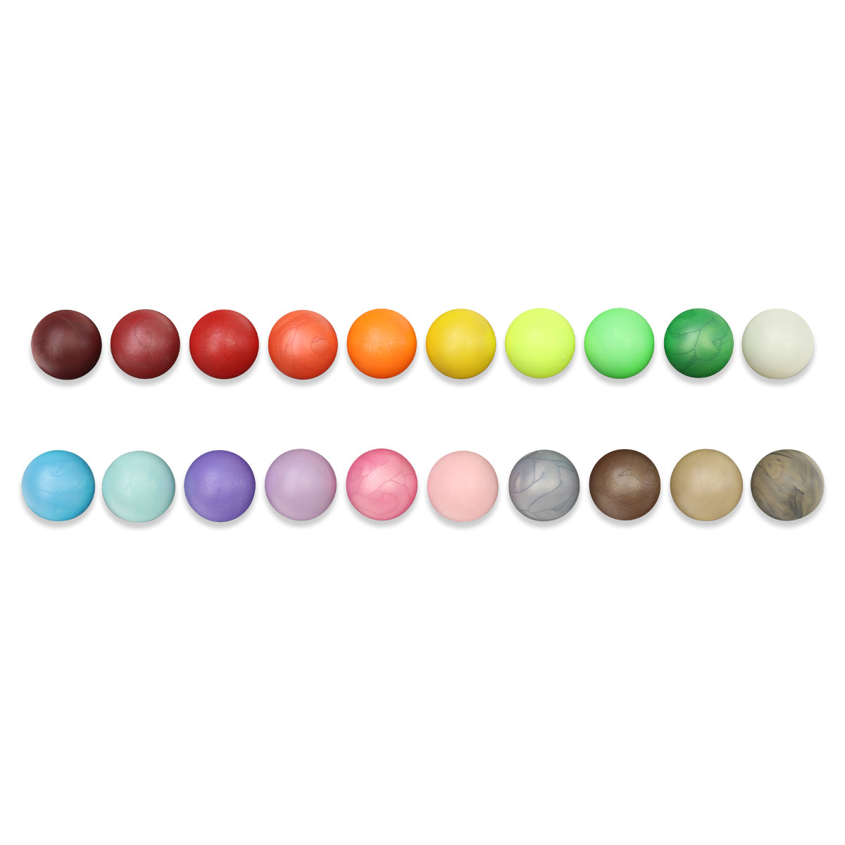 Impact Marble Racing Additional Marble Colors 20-piece pack showing all 20 marbles in two rows including pearl, metallic, and solid finishes in brown, red, orange, yellow, neon, green, white, blue, purple, pink, gray, and tan
