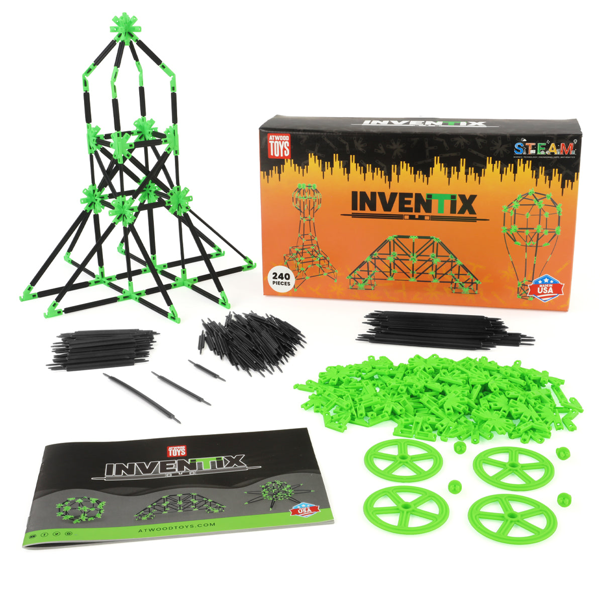Inventix 240-piece STEAM building set by Atwood Toys displayed with box, instruction booklet, and all components laid out including three sizes of black flexible rods, green multi-directional connector clips, green wheels, and a completed tall tower structure built from the pieces.