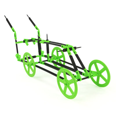 A four-wheeled car built with Inventix, featuring a rectangular frame chassis made from black rods and green connectors with four large green spoked wheels attached at the axles.