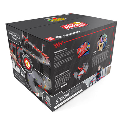 Jelle's M1 Hyper Loop retail box back showing racing boards, STEM callout, Jelle Bakker photo, Marbula One branding, track features, and add-on expansion details